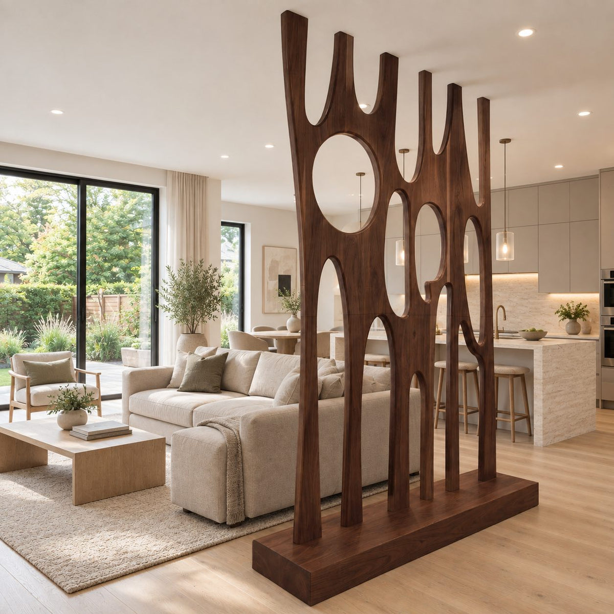 Sculptural Wooden Room Divider with Tall Carved Fingers and Round Openings on Solid Base