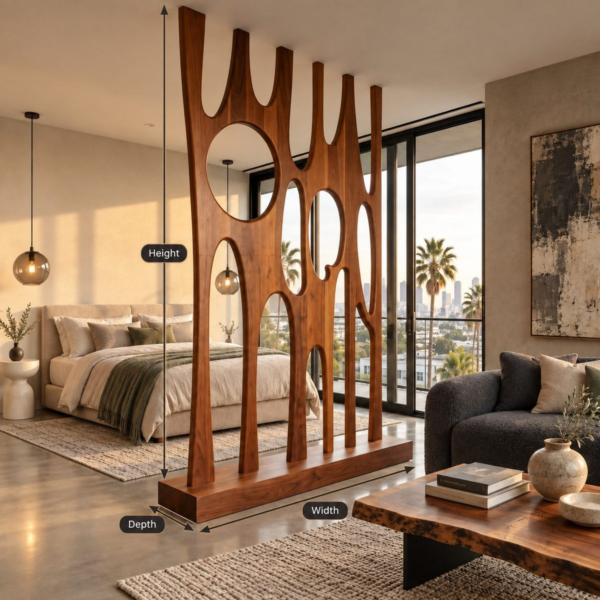 Sculptural Wooden Room Divider with Tall Carved Fingers and Round Openings on Solid Base