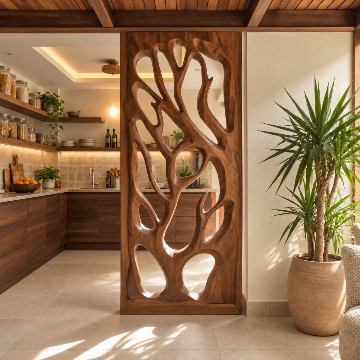 Wooden Room Divider Screen with Hand Carved Tree Branch Panel, Framed Openwork Partition