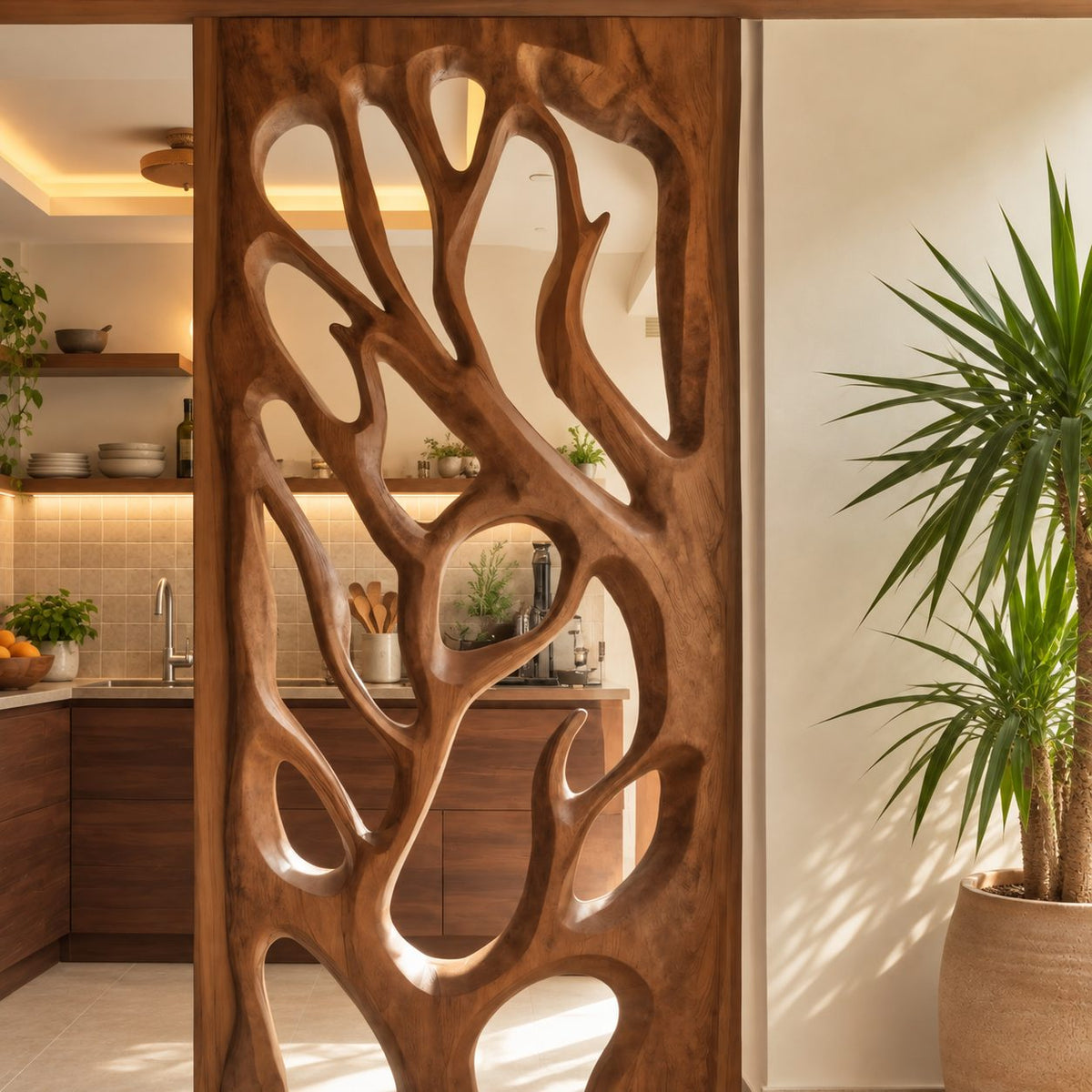 Wooden Room Divider Screen with Hand Carved Tree Branch Panel, Framed Openwork Partition