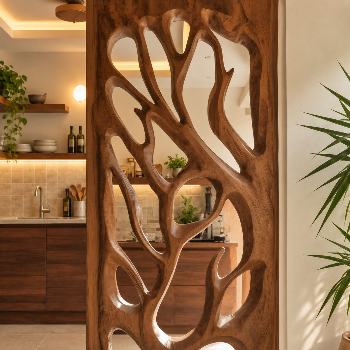 Wooden Room Divider Screen with Hand Carved Tree Branch Panel, Framed Openwork Partition