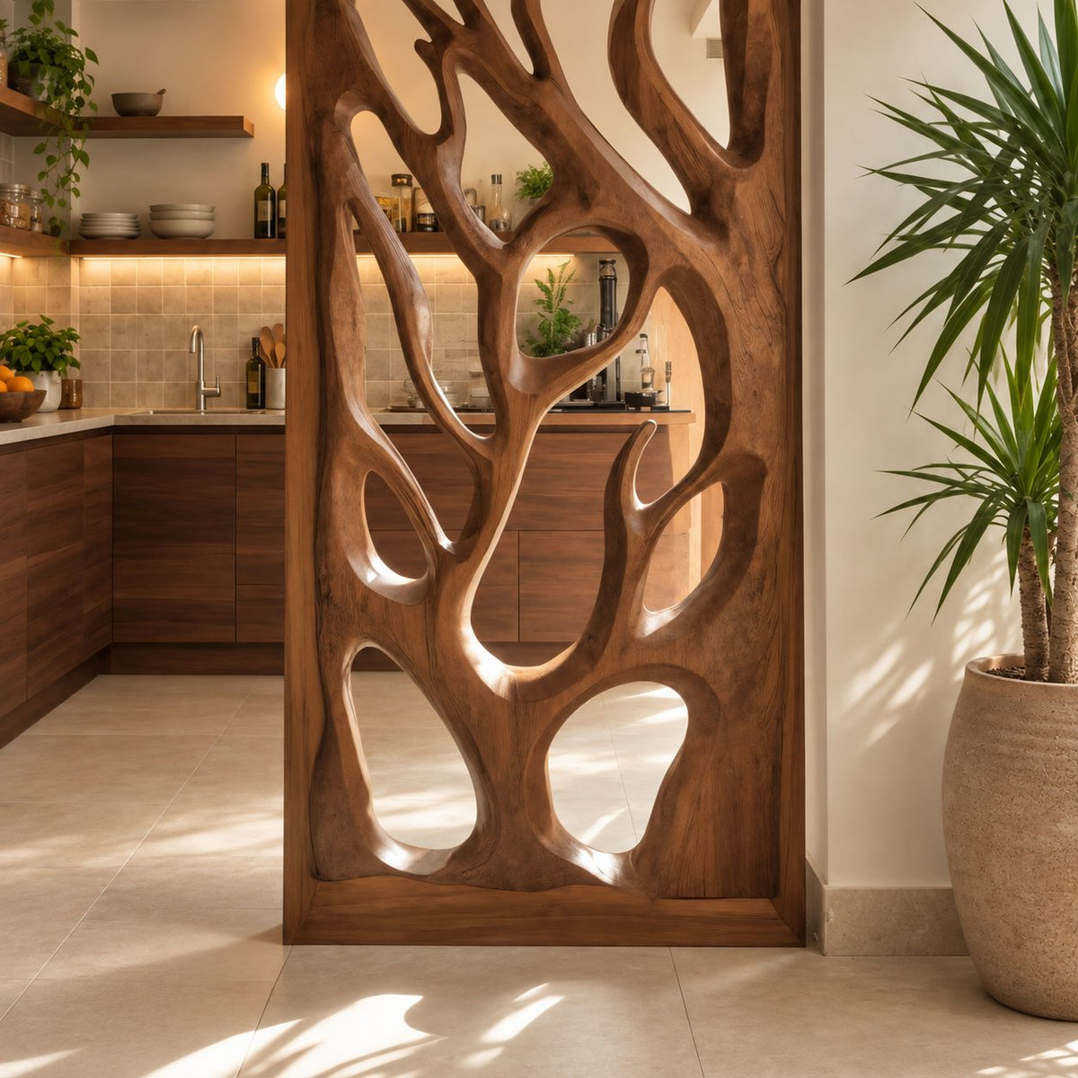 Wooden Room Divider Screen with Hand Carved Tree Branch Panel, Framed Openwork Partition