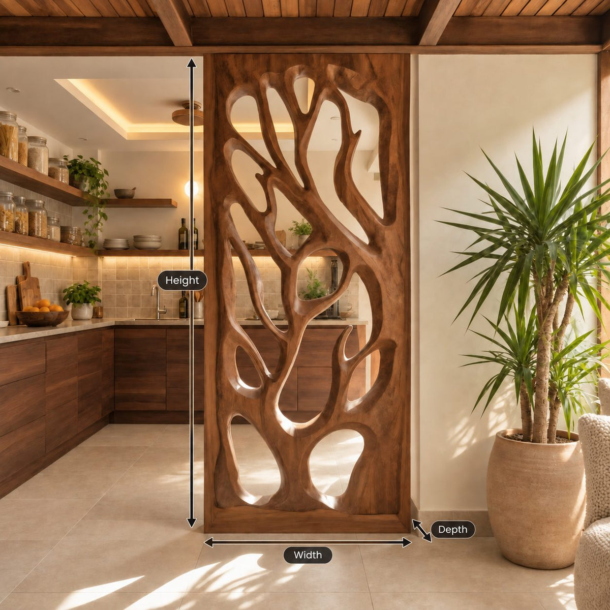 Wooden Room Divider Screen with Hand Carved Tree Branch Panel, Framed Openwork Partition