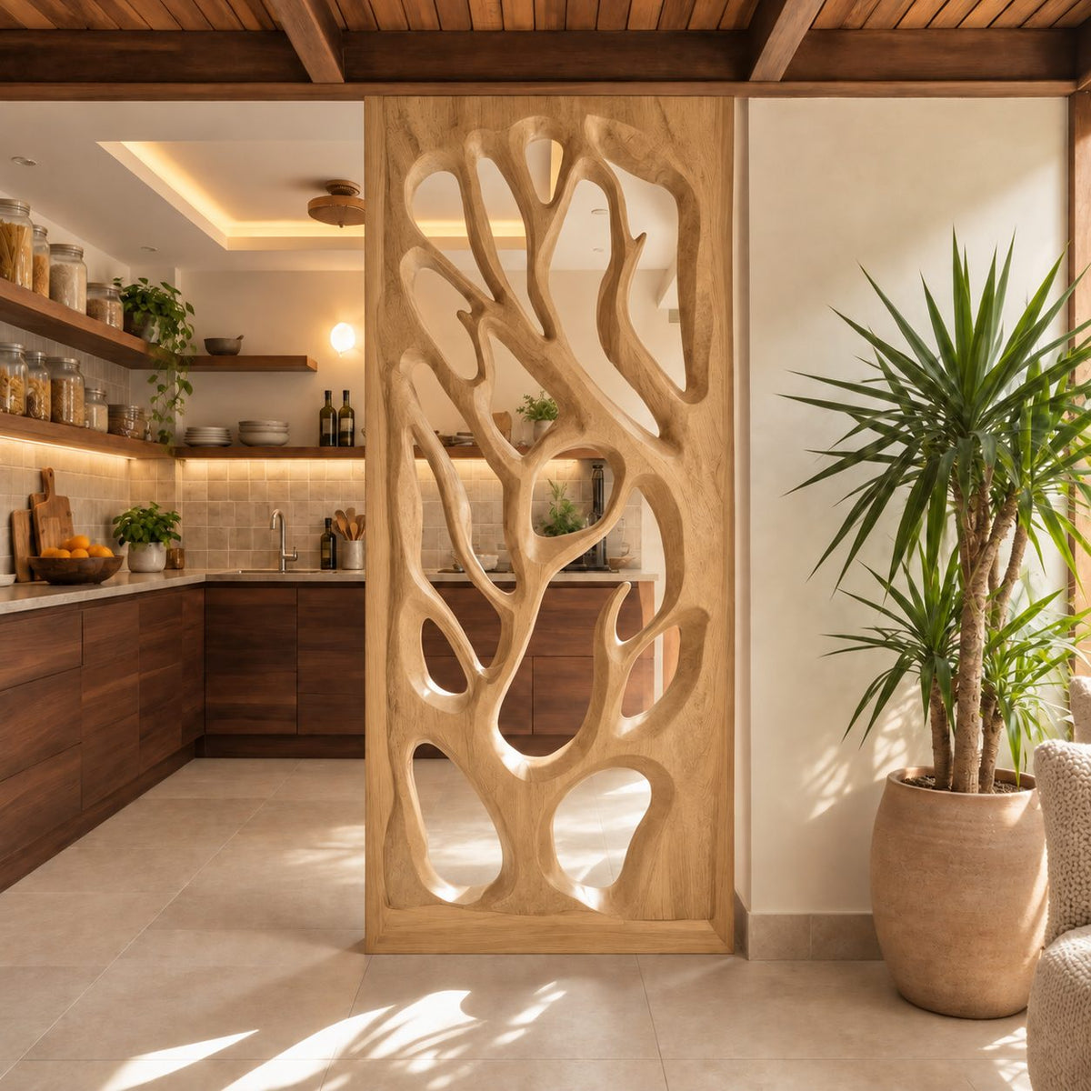 Wooden Room Divider Screen with Hand Carved Tree Branch Panel, Framed Openwork Partition