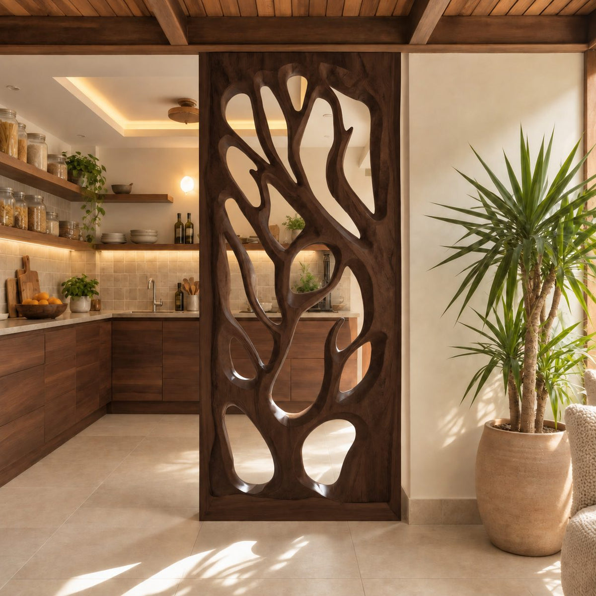 Wooden Room Divider Screen with Hand Carved Tree Branch Panel, Framed Openwork Partition