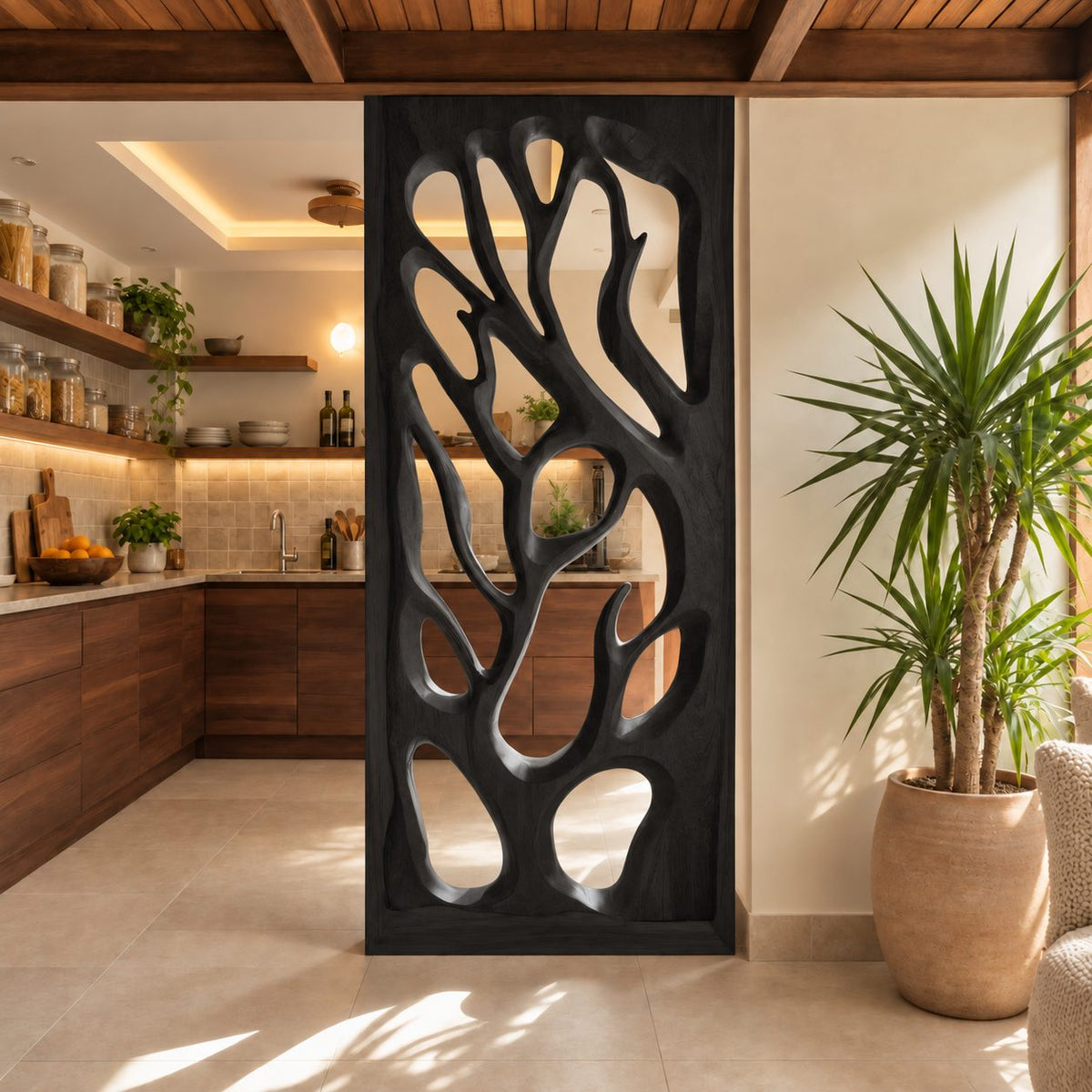 Wooden Room Divider Screen with Hand Carved Tree Branch Panel, Framed Openwork Partition