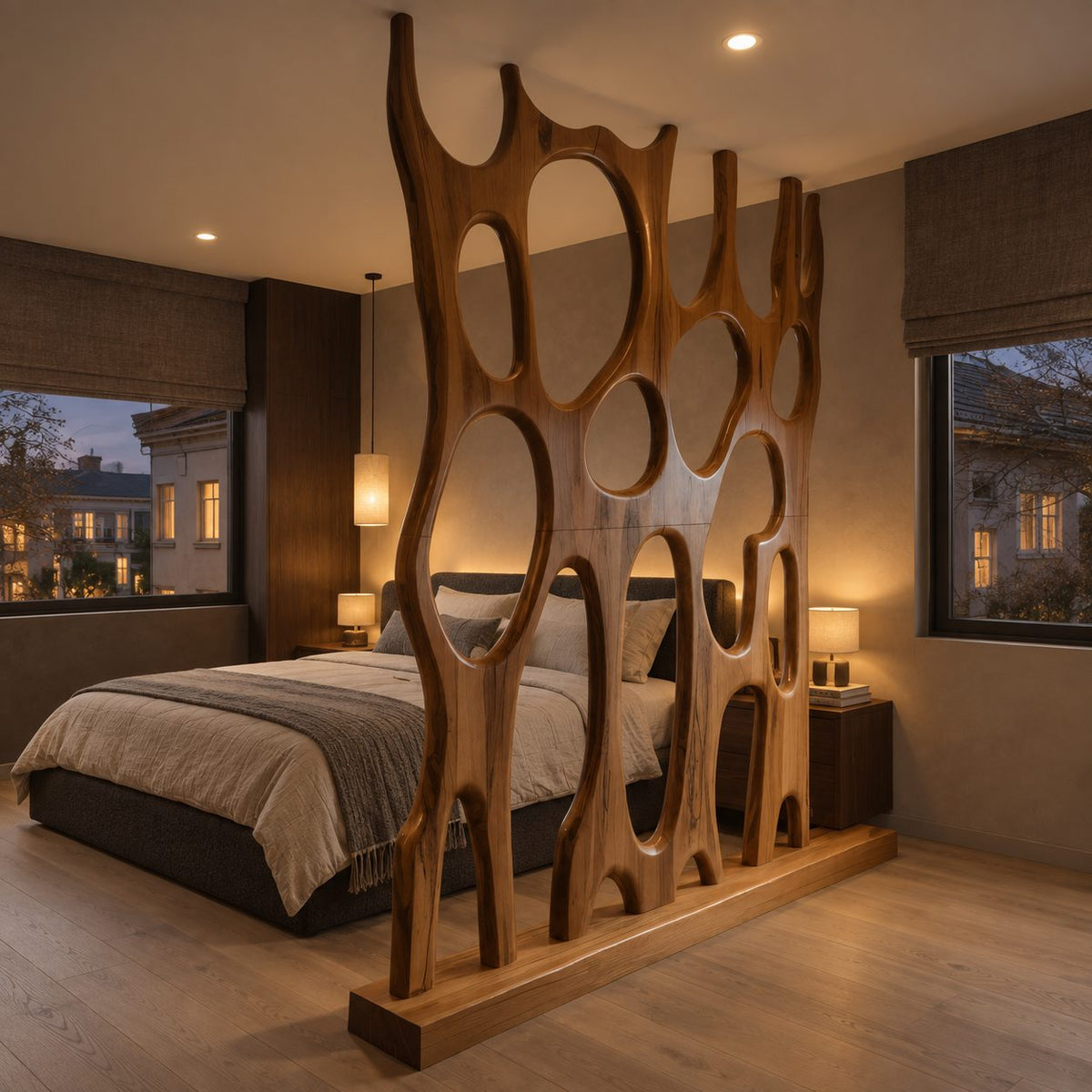Sculptural Wooden Room Divider with Large Oval Openings, Carved Organic Panel on Plinth Base