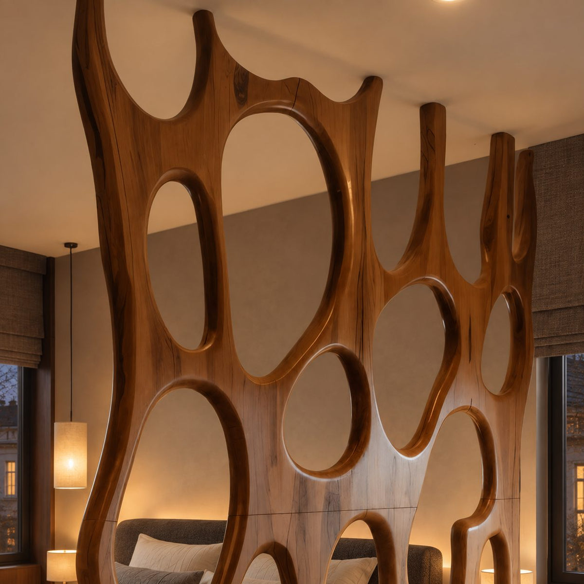 Sculptural Wooden Room Divider with Large Oval Openings, Carved Organic Panel on Plinth Base