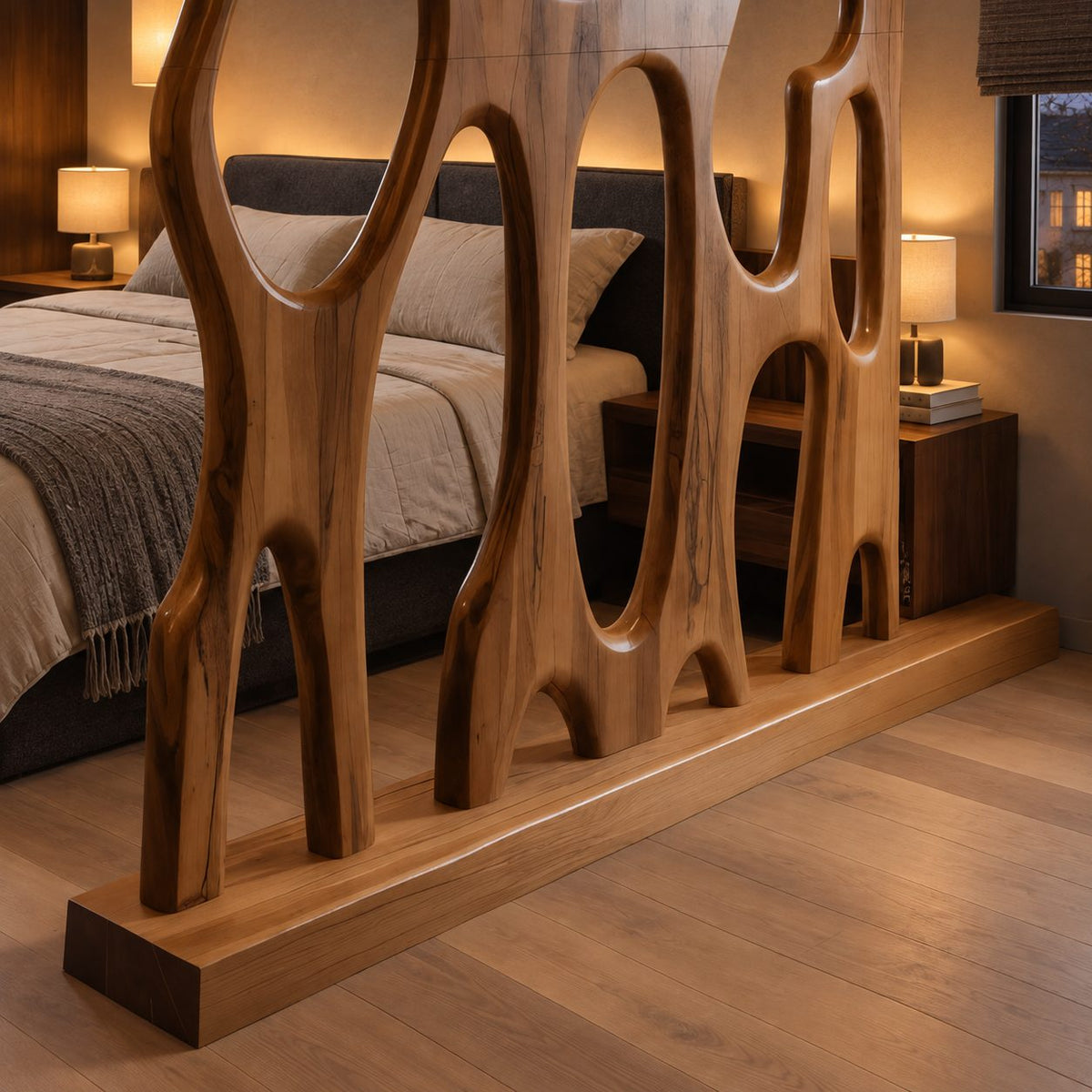Sculptural Wooden Room Divider with Large Oval Openings, Carved Organic Panel on Plinth Base