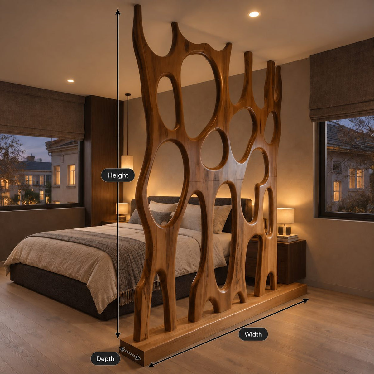 Sculptural Wooden Room Divider with Large Oval Openings, Carved Organic Panel on Plinth Base