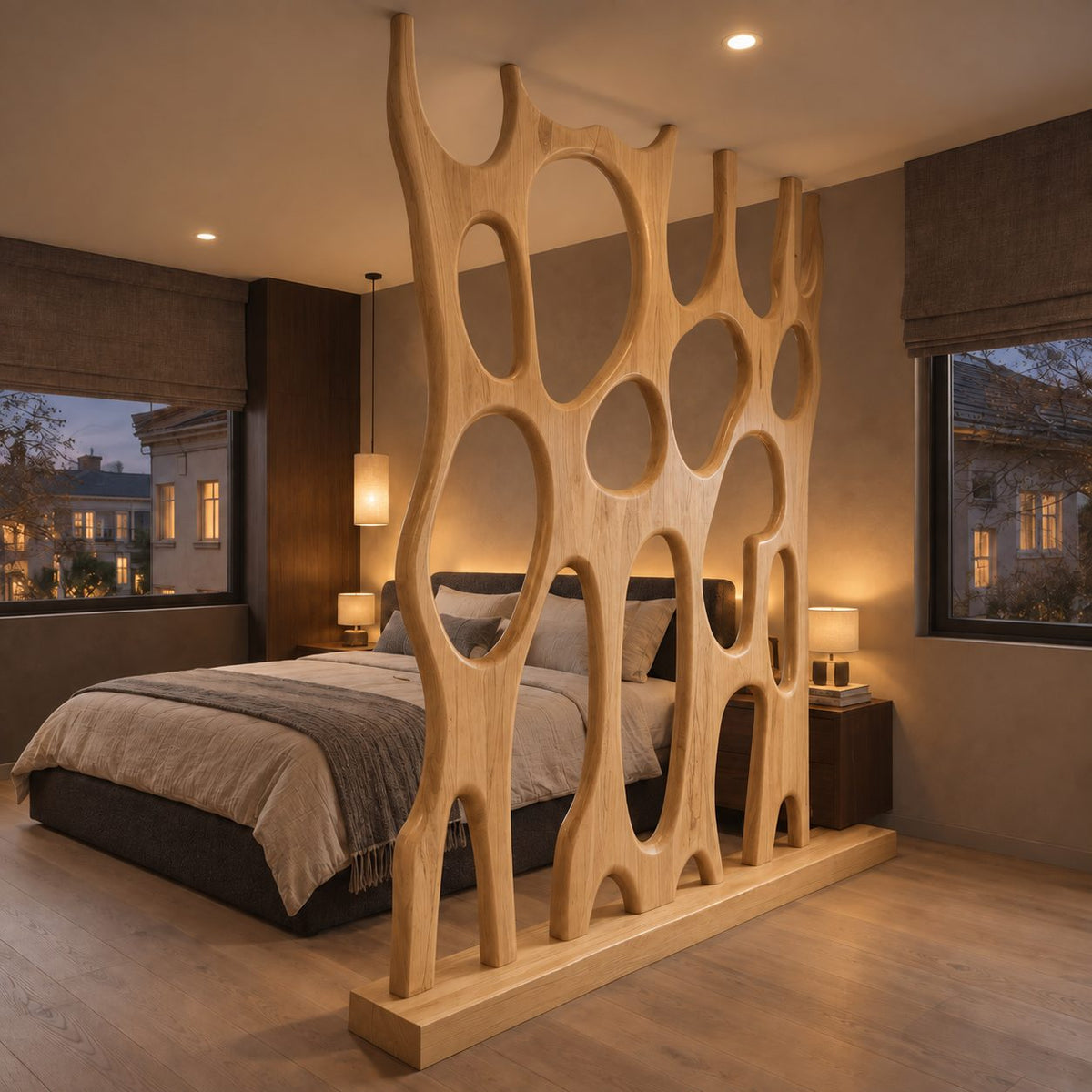 Sculptural Wooden Room Divider with Large Oval Openings, Carved Organic Panel on Plinth Base