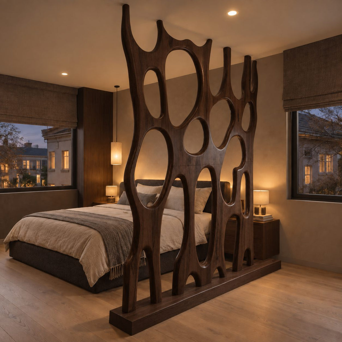 Sculptural Wooden Room Divider with Large Oval Openings, Carved Organic Panel on Plinth Base