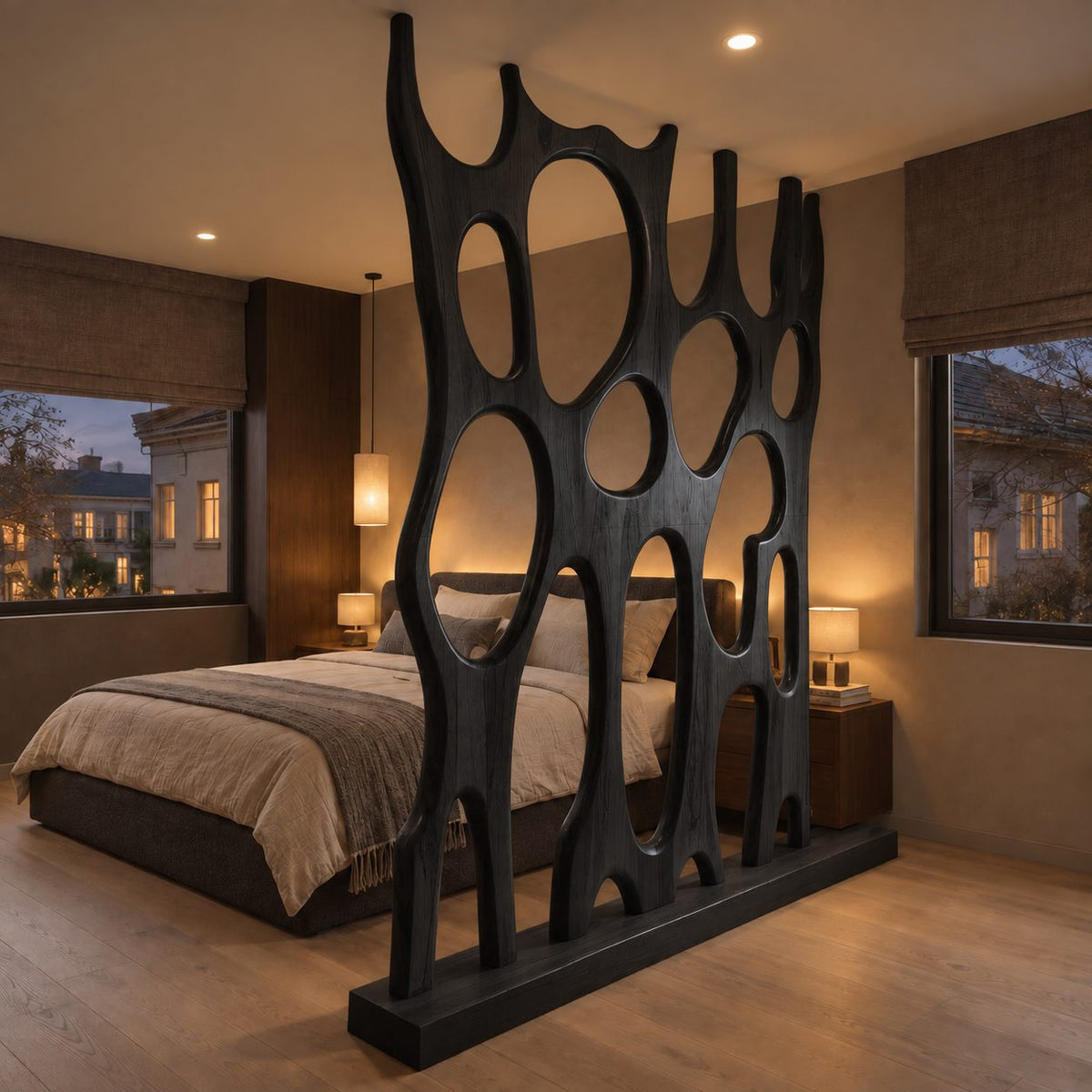 Sculptural Wooden Room Divider with Large Oval Openings, Carved Organic Panel on Plinth Base