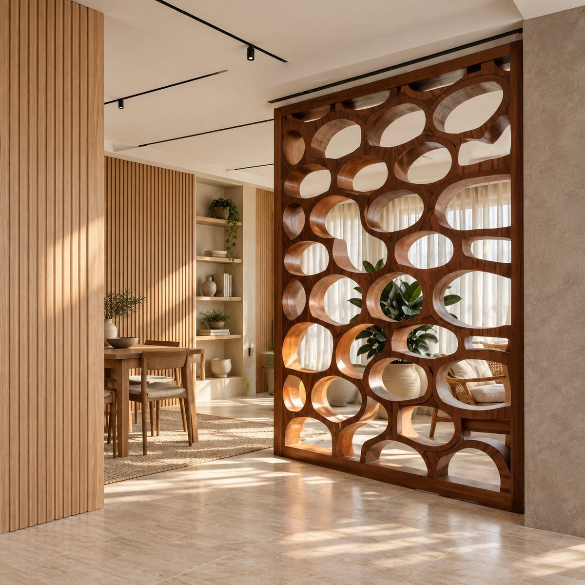 Wooden Room Divider Screen with Carved Oval Cutouts, Modern Organic Partition for Living and Dining