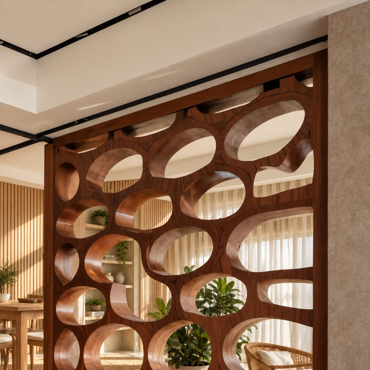 Wooden Room Divider Screen with Carved Oval Cutouts, Modern Organic Partition for Living and Dining