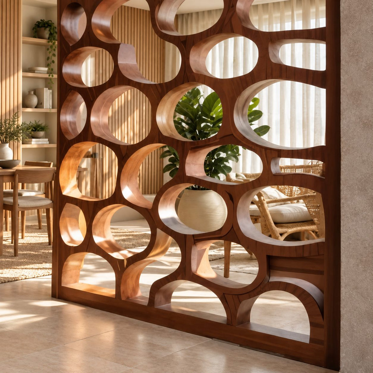 Wooden Room Divider Screen with Carved Oval Cutouts, Modern Organic Partition for Living and Dining