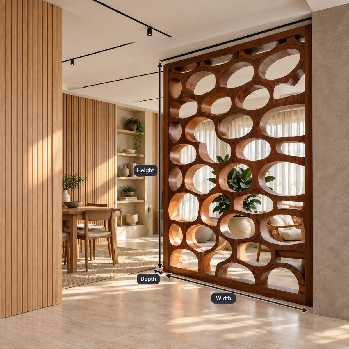 Wooden Room Divider Screen with Carved Oval Cutouts, Modern Organic Partition for Living and Dining