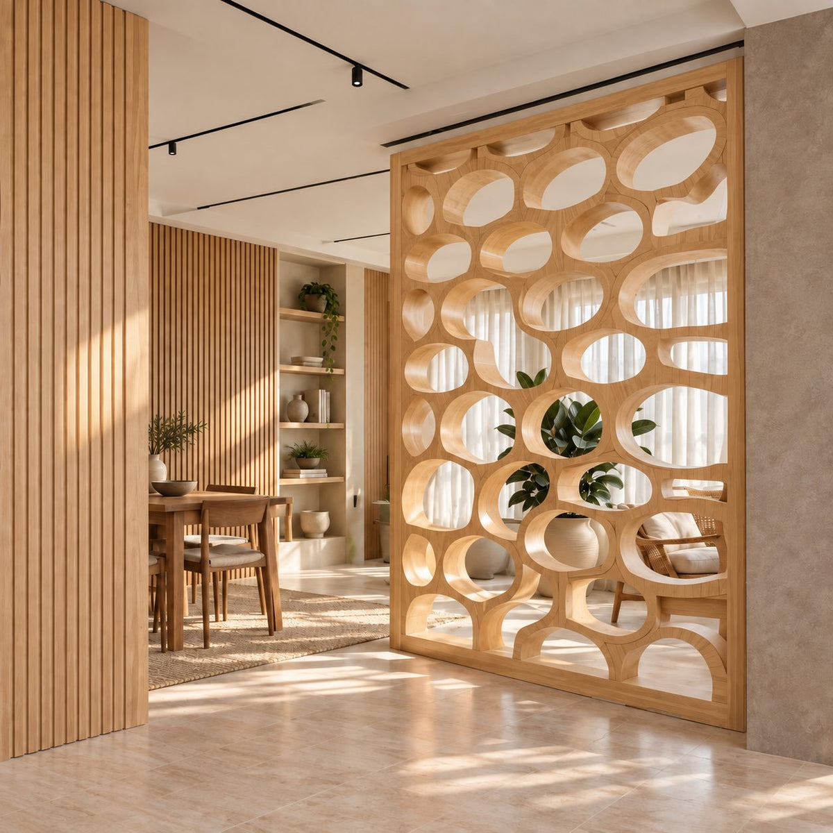 Wooden Room Divider Screen with Carved Oval Cutouts, Modern Organic Partition for Living and Dining