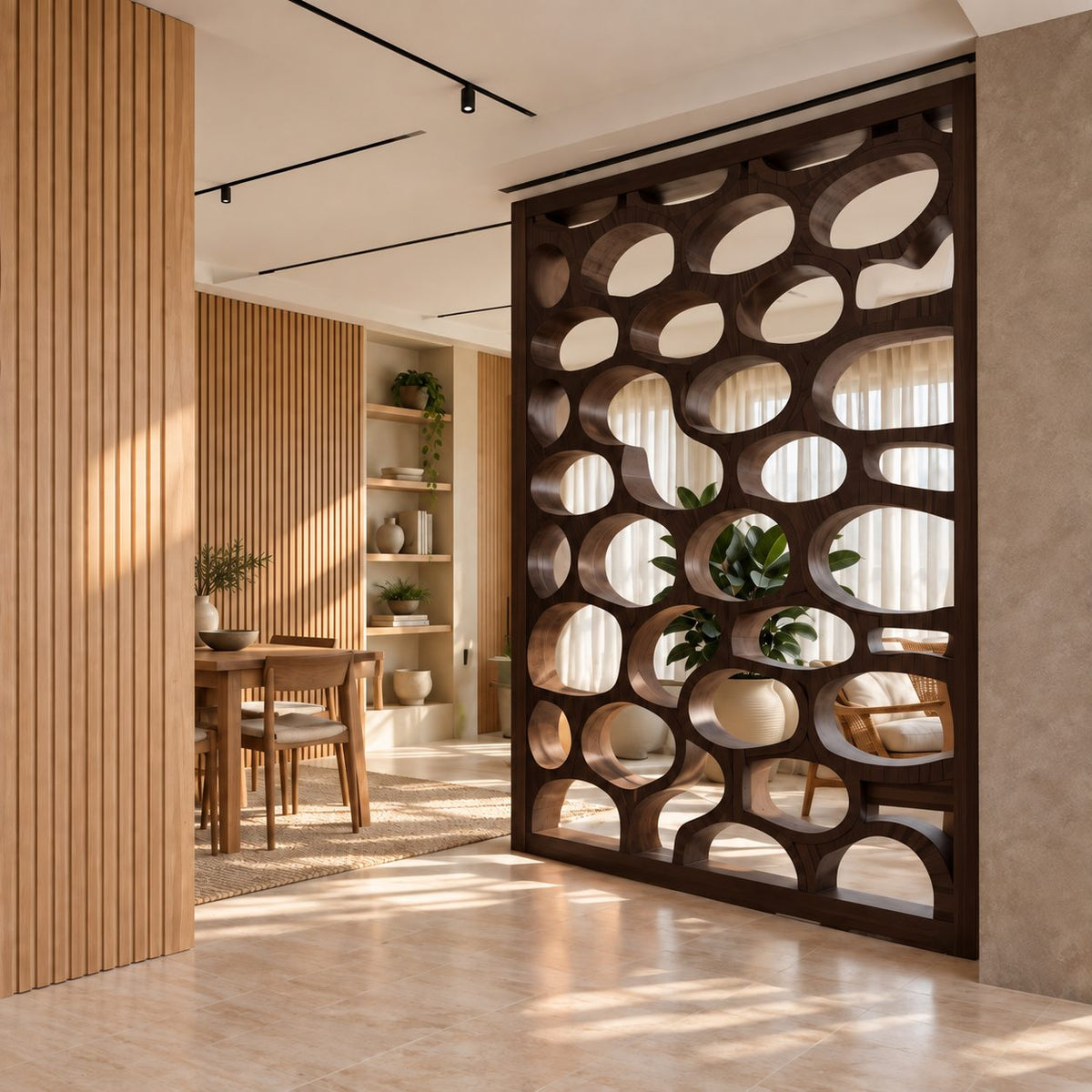 Wooden Room Divider Screen with Carved Oval Cutouts, Modern Organic Partition for Living and Dining
