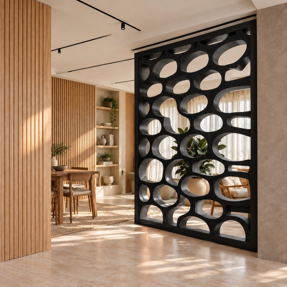 Wooden Room Divider Screen with Carved Oval Cutouts, Modern Organic Partition for Living and Dining