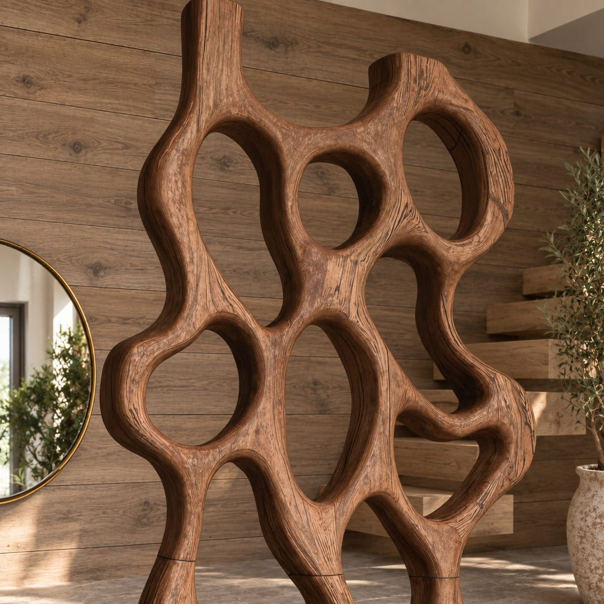Sculptural Wooden Room Divider with Abstract Looped Openings, Freestanding Entryway Panel on Base