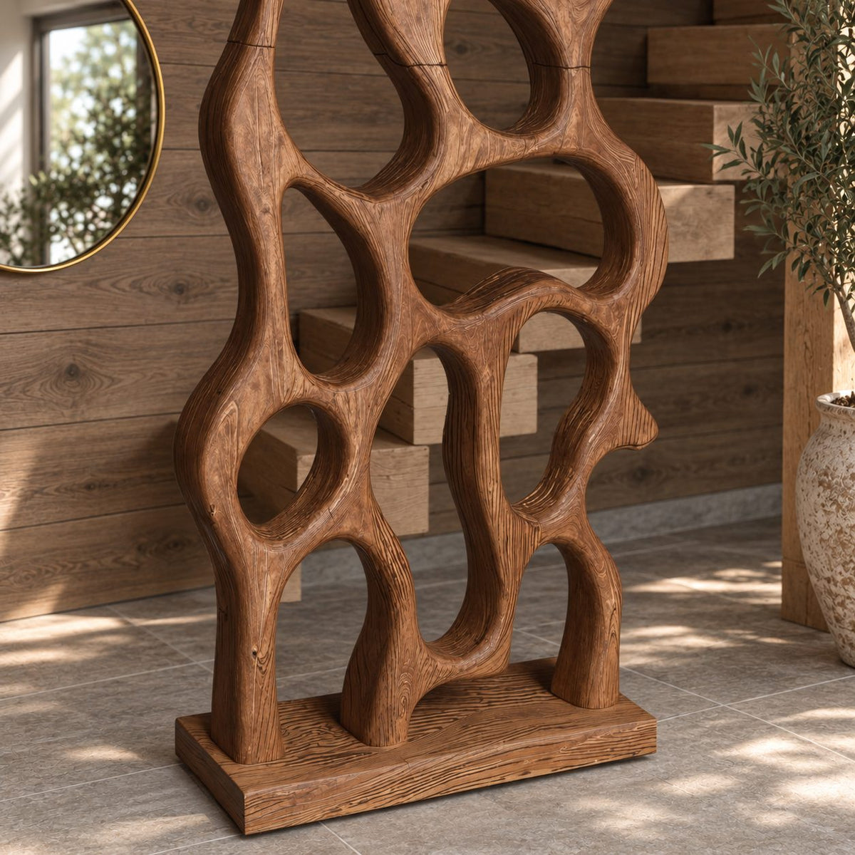 Sculptural Wooden Room Divider with Abstract Looped Openings, Freestanding Entryway Panel on Base