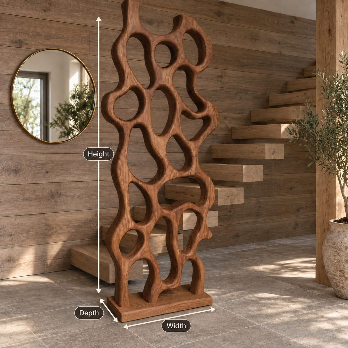 Sculptural Wooden Room Divider with Abstract Looped Openings, Freestanding Entryway Panel on Base