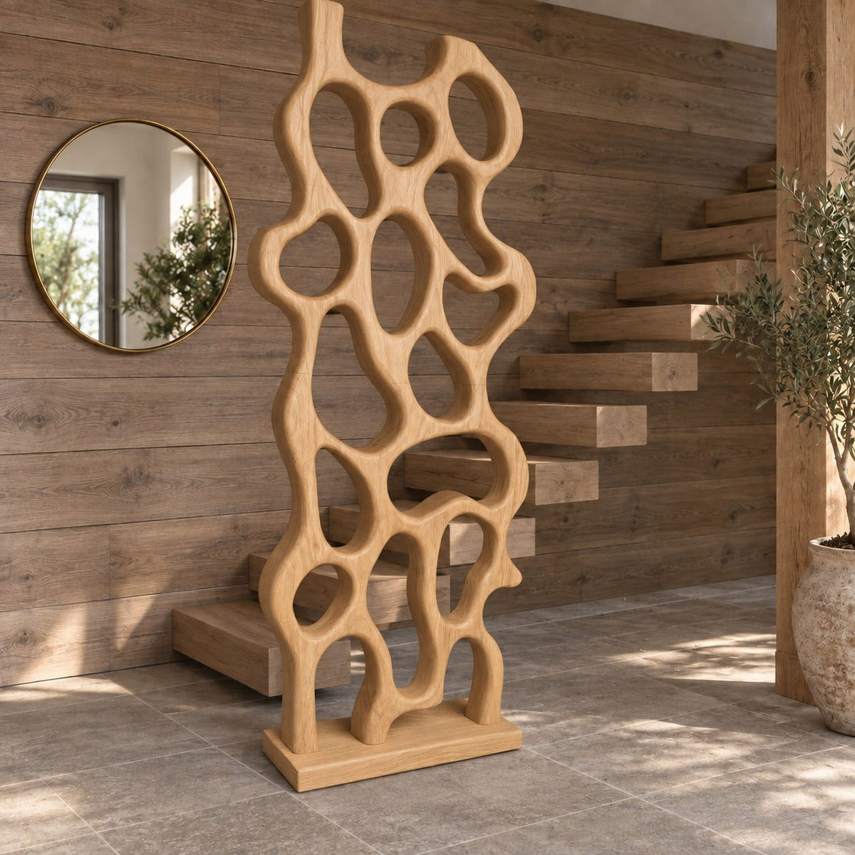 Sculptural Wooden Room Divider with Abstract Looped Openings, Freestanding Entryway Panel on Base