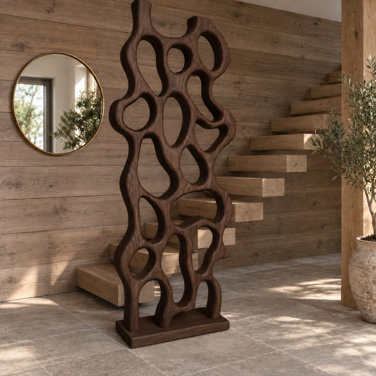 Sculptural Wooden Room Divider with Abstract Looped Openings, Freestanding Entryway Panel on Base