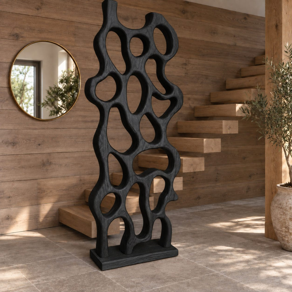 Sculptural Wooden Room Divider with Abstract Looped Openings, Freestanding Entryway Panel on Base