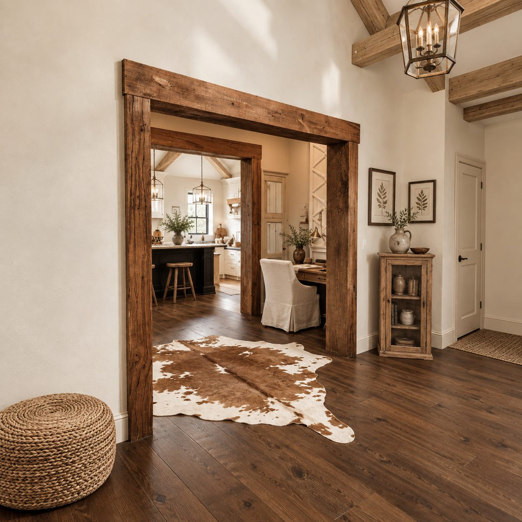 Rustic Wooden Beam Doorway Frame with Chunky Posts and Overhanging Header, Rough Sawn Entryway Trim