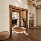Rustic Wooden Beam Doorway Frame with Chunky Posts and Overhanging Header, Rough Sawn Entryway Trim