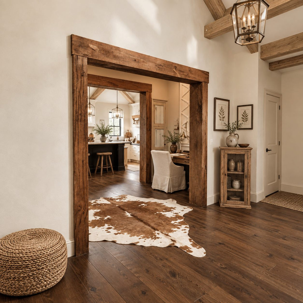 Rustic Wooden Beam Doorway Frame with Chunky Posts and Overhanging Header, Rough Sawn Entryway Trim