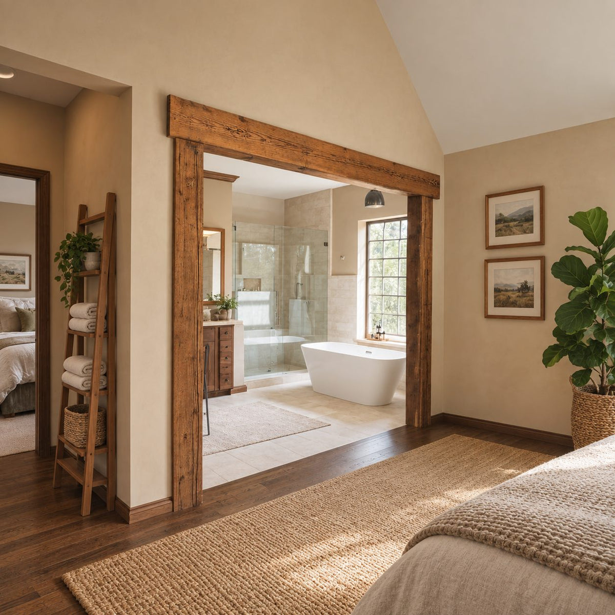 Rustic Wooden Beam Doorway Frame with Chunky Posts and Overhanging Header, Rough Sawn Entryway Trim