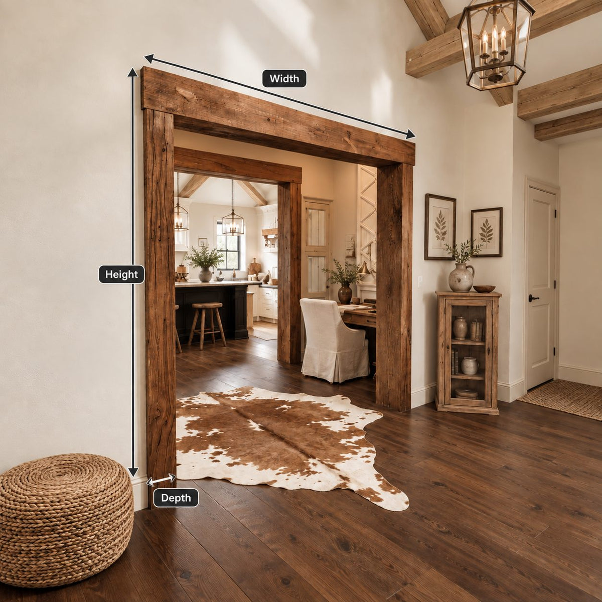 Rustic Wooden Beam Doorway Frame with Chunky Posts and Overhanging Header, Rough Sawn Entryway Trim