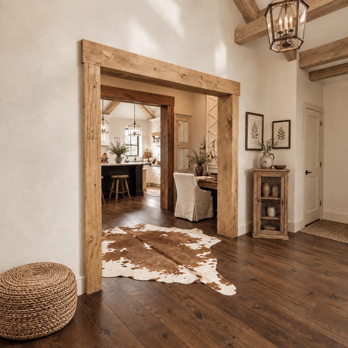 Rustic Wooden Beam Doorway Frame with Chunky Posts and Overhanging Header, Rough Sawn Entryway Trim