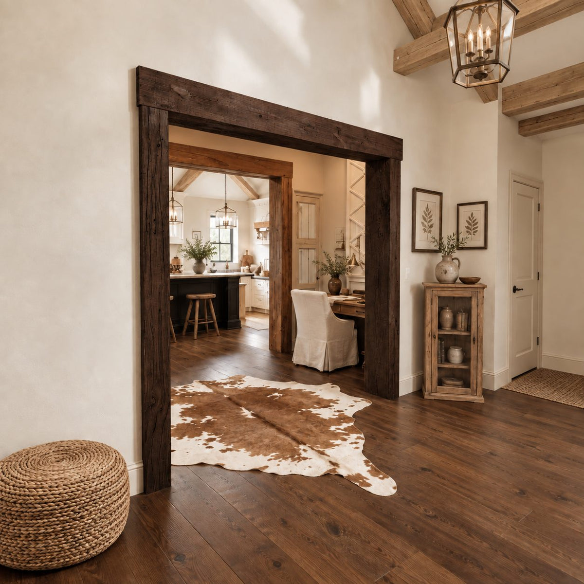 Rustic Wooden Beam Doorway Frame with Chunky Posts and Overhanging Header, Rough Sawn Entryway Trim