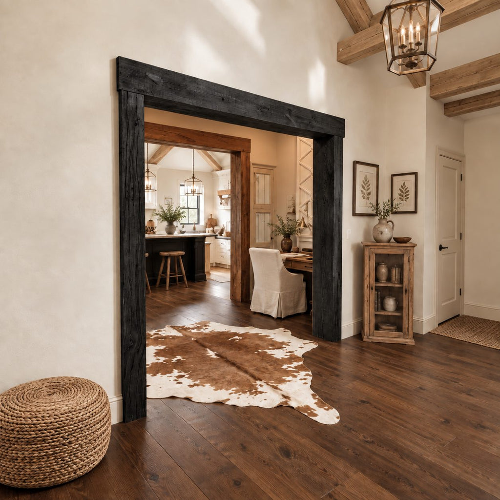 Rustic Wooden Beam Doorway Frame with Chunky Posts and Overhanging Header, Rough Sawn Entryway Trim