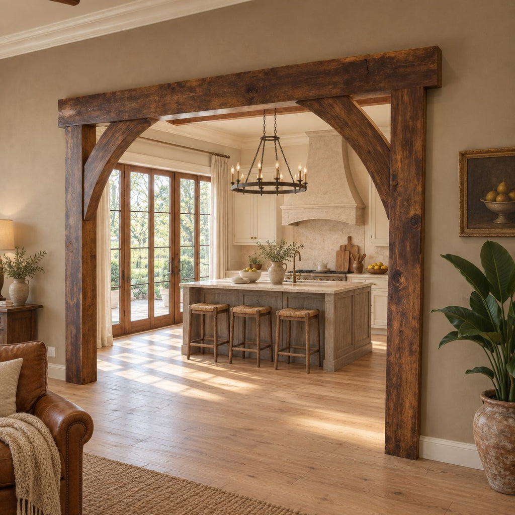 Wooden Arch Doorway Frame with Curved Corner Braces, Rustic Beam Archway for Kitchen Entry