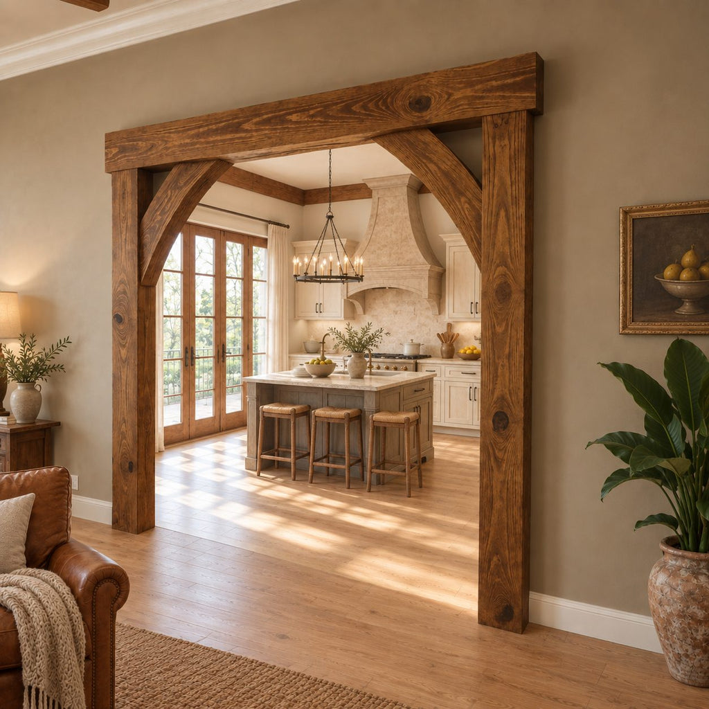 Wooden Arch Doorway Frame with Curved Corner Braces, Rustic Beam Archway for Kitchen Entry