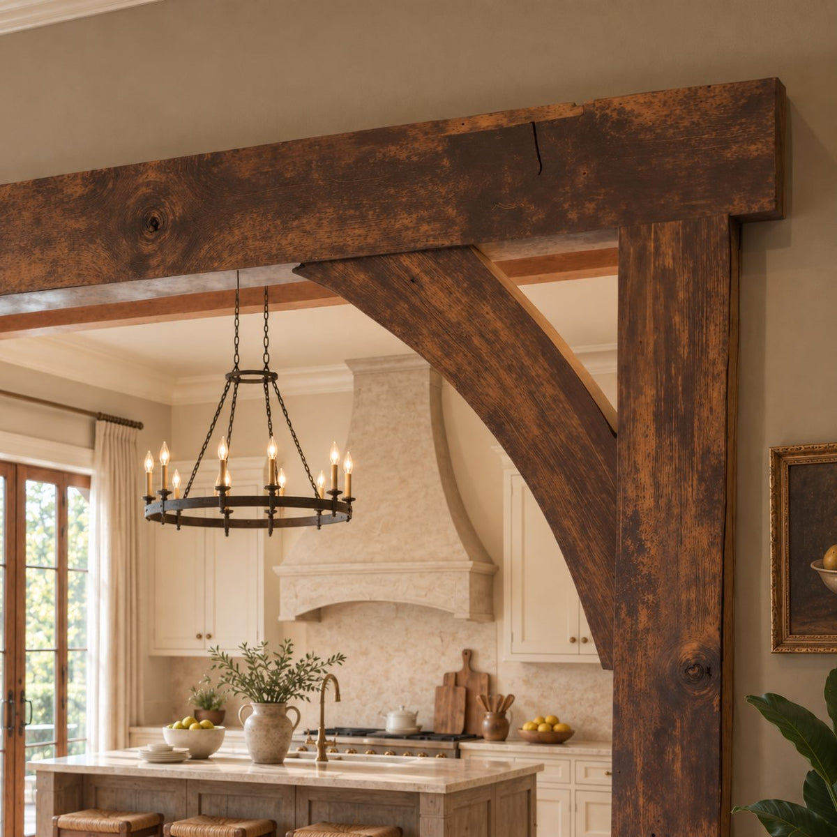 Wooden Arch Doorway Frame with Curved Corner Braces, Rustic Beam Archway for Kitchen Entry
