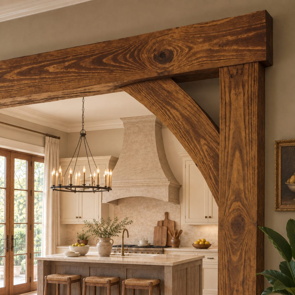 Wooden Arch Doorway Frame with Curved Corner Braces, Rustic Beam Archway for Kitchen Entry