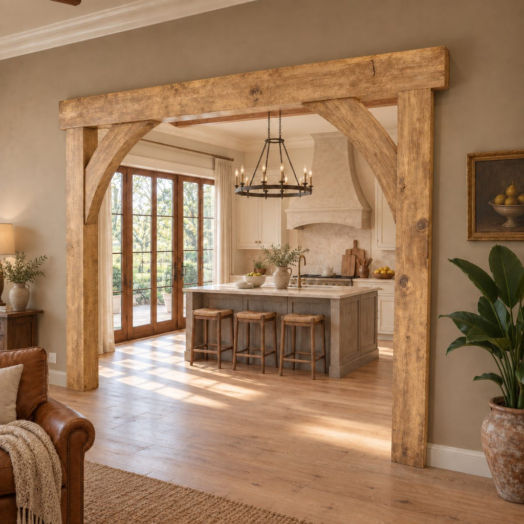 Wooden Arch Doorway Frame with Curved Corner Braces, Rustic Beam Archway for Kitchen Entry