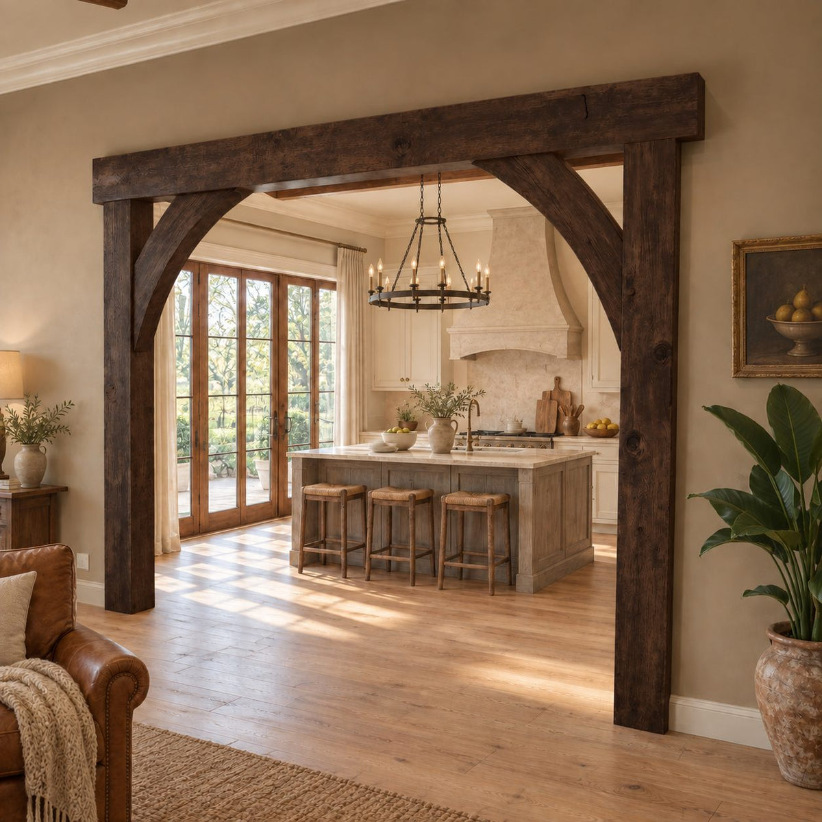 Wooden Arch Doorway Frame with Curved Corner Braces, Rustic Beam Archway for Kitchen Entry
