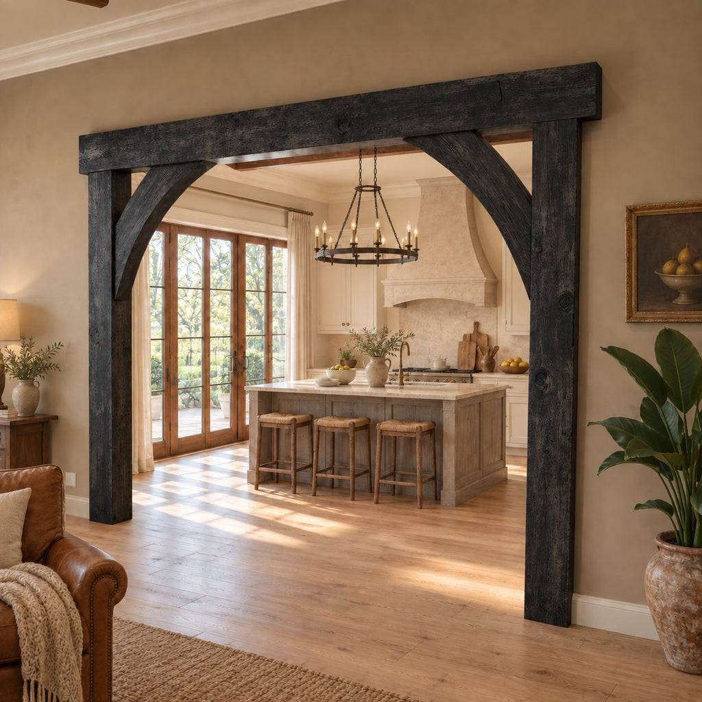 Wooden Arch Doorway Frame with Curved Corner Braces, Rustic Beam Archway for Kitchen Entry