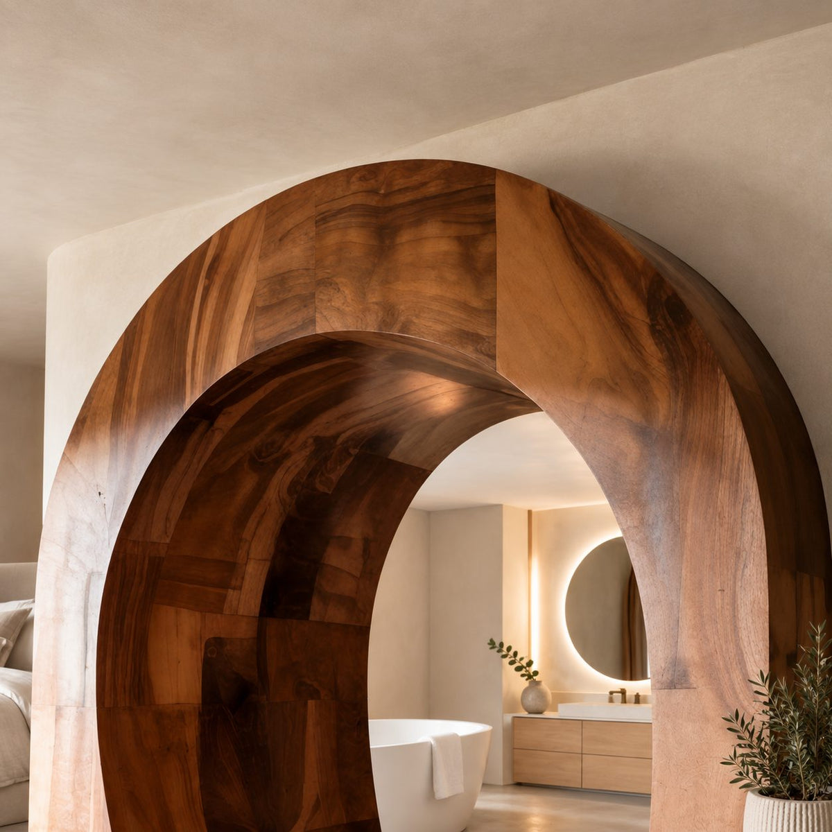 Sculptural Wooden Arch with Thick Curved Band, Freestanding Archway Room Divider