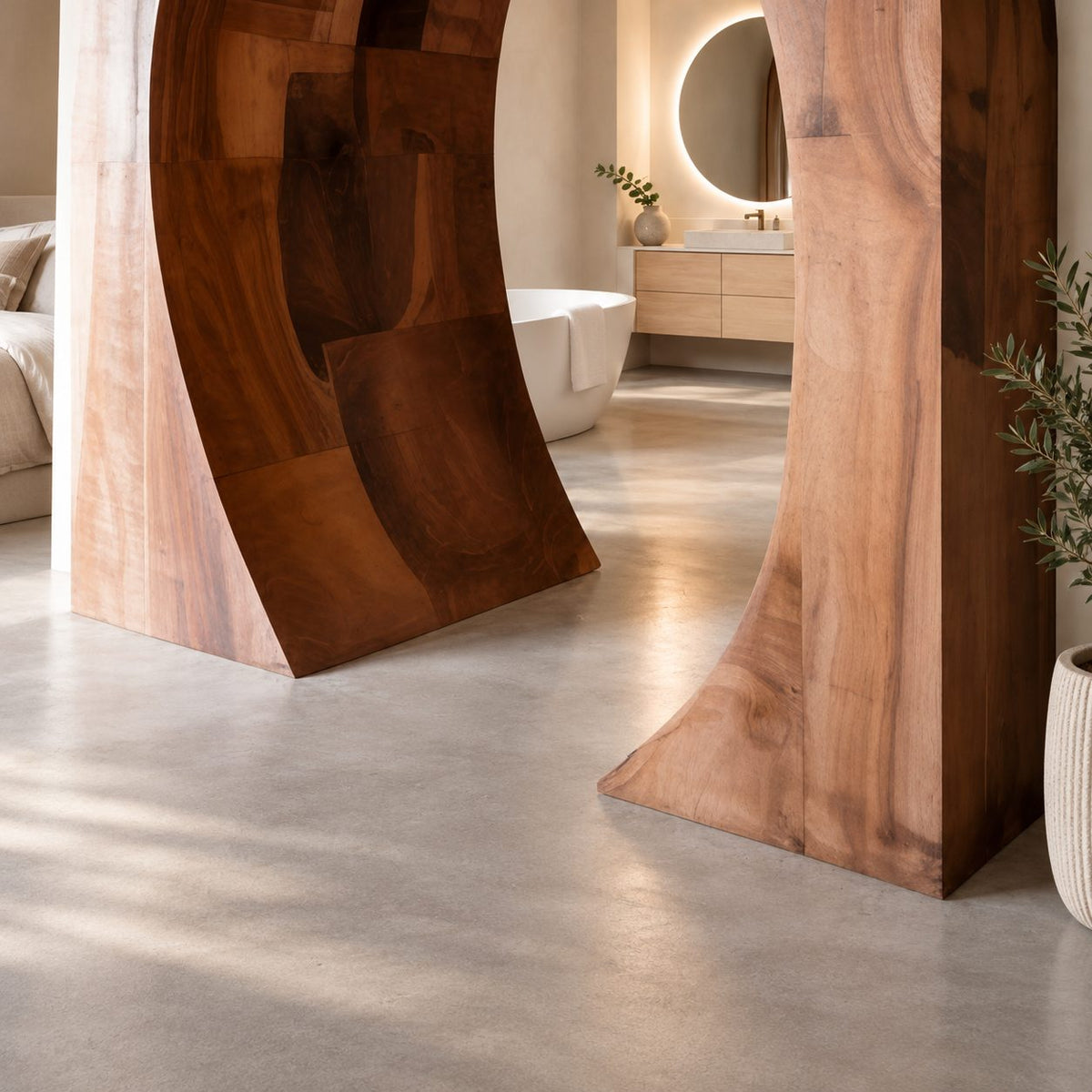 Sculptural Wooden Arch with Thick Curved Band, Freestanding Archway Room Divider