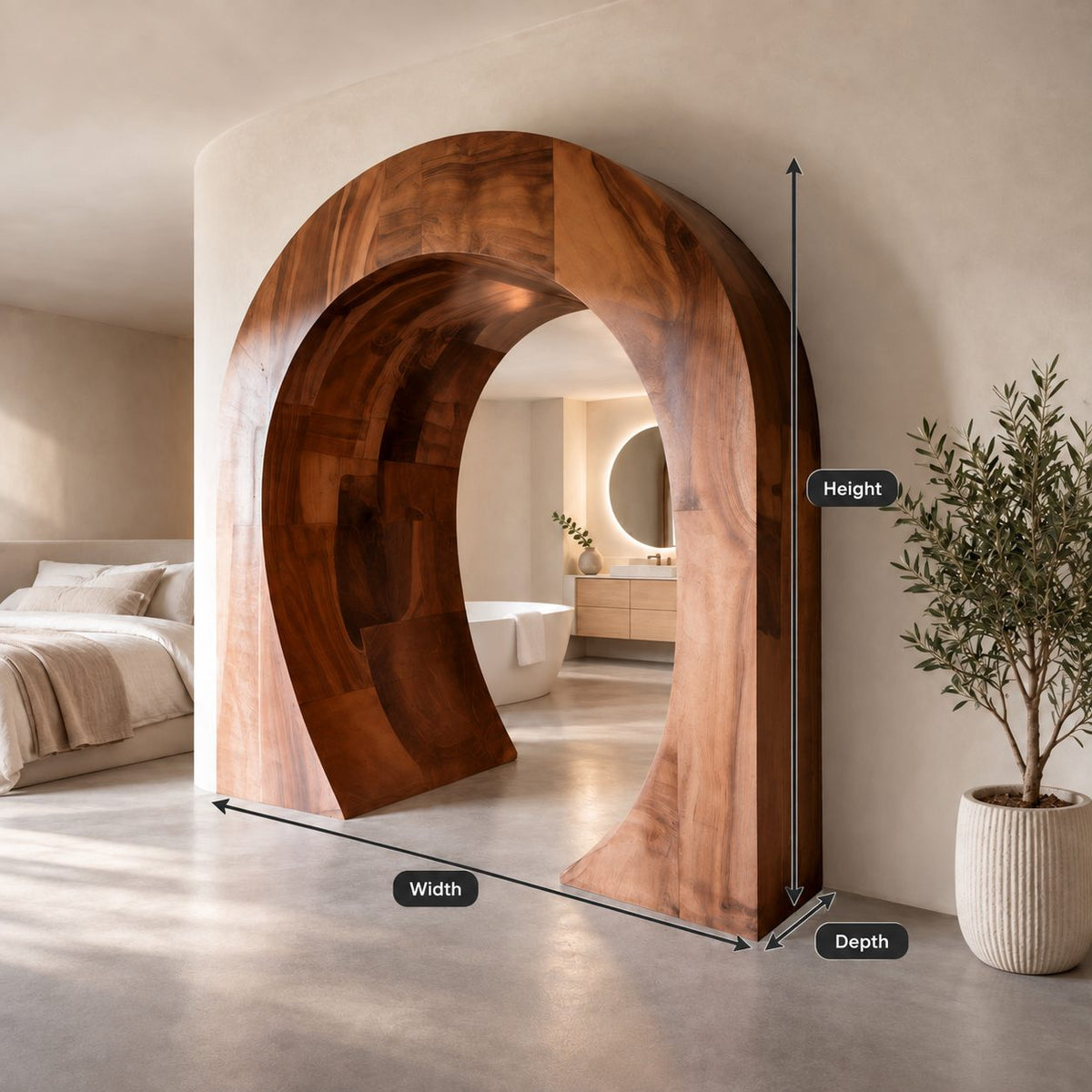 Sculptural Wooden Arch with Thick Curved Band, Freestanding Archway Room Divider