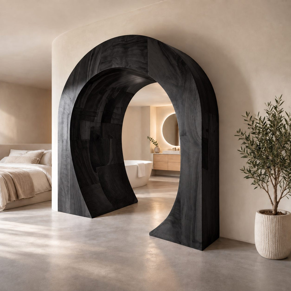 Sculptural Wooden Arch with Thick Curved Band, Freestanding Archway Room Divider