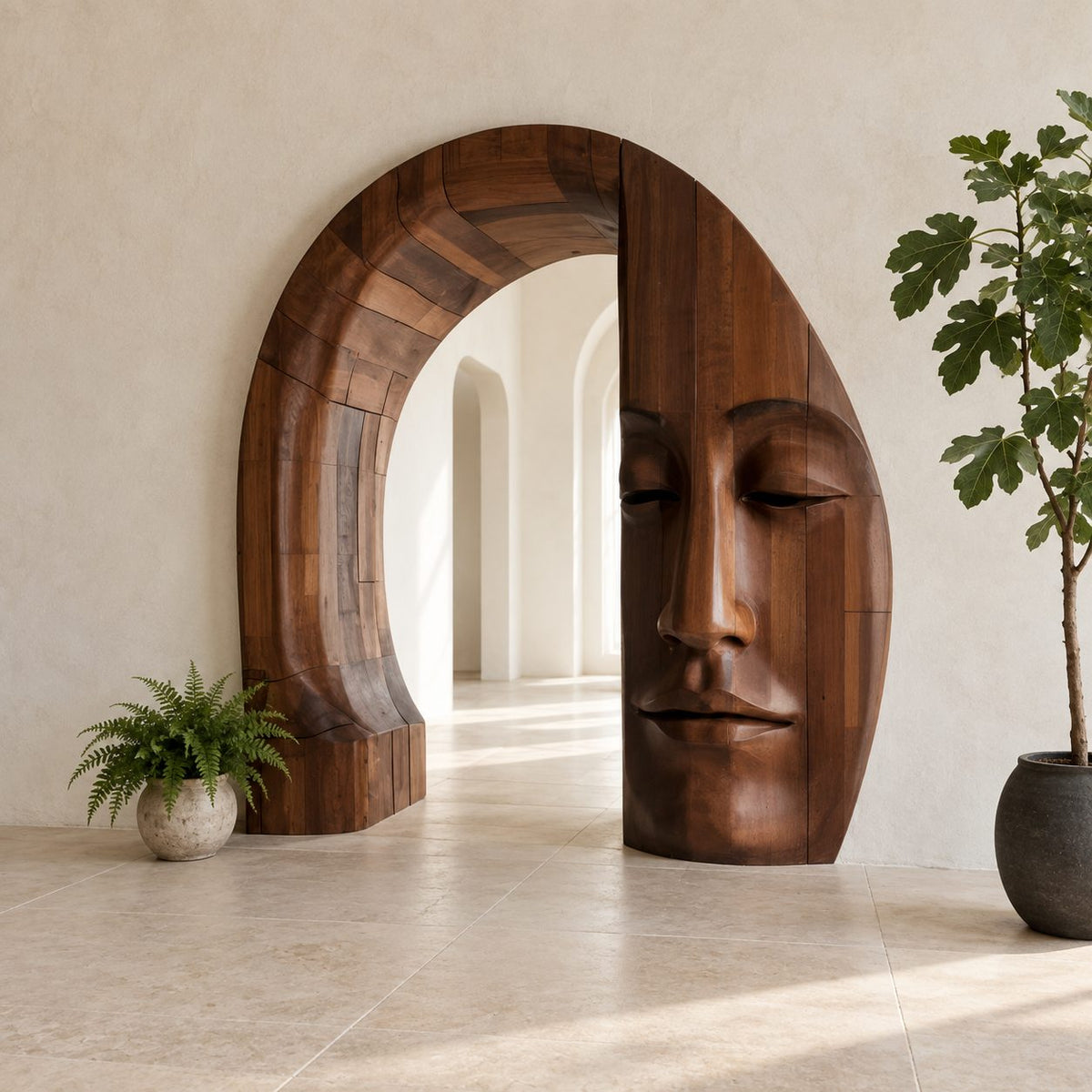 Sculptural Wooden Arch with Carved Zen Face, Freestanding Archway Entry Accent